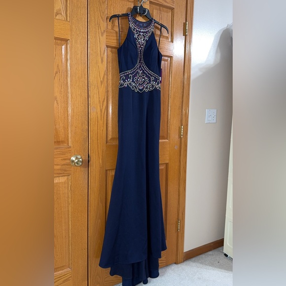 Abby Paris Formal Dress Size 8 Navy Blue Beaded Waist Train Gown AUTHENTIC NWT - Picture 15 of 15